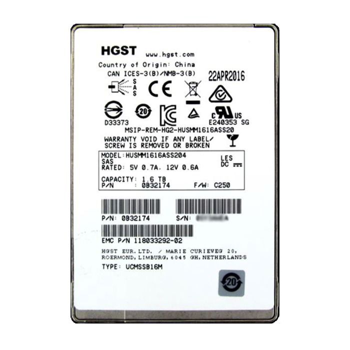 Hard drive EMC 1.6TB SSD SAS 12G 2.5" MLC 118033292-01
